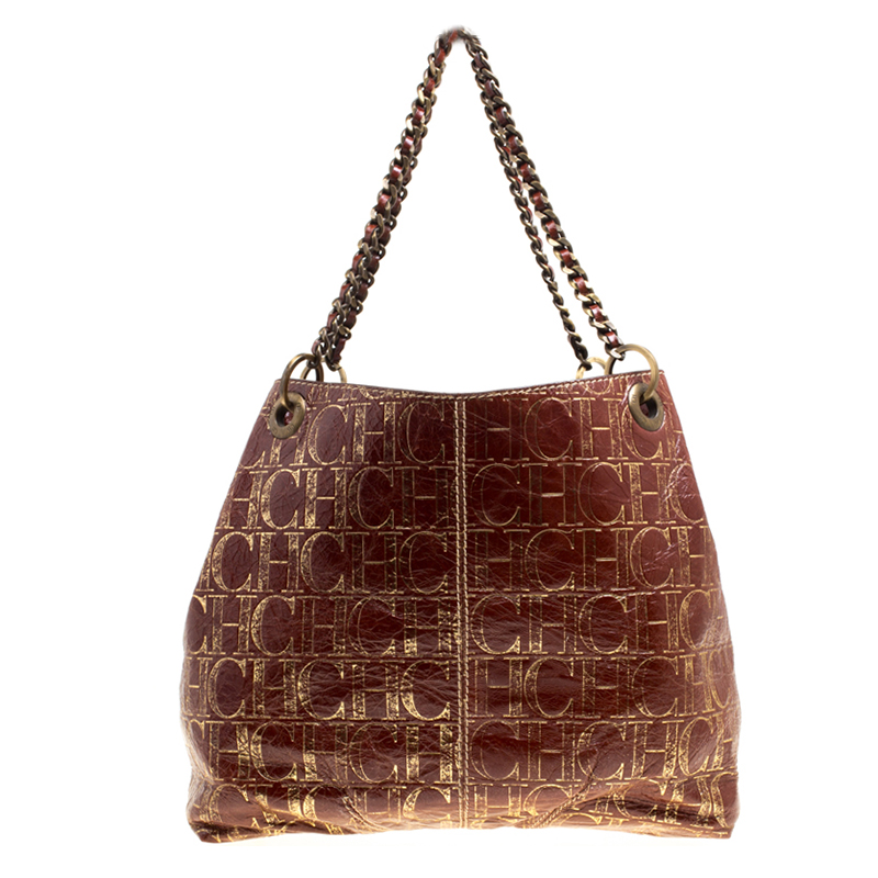 Pre Owned Carolina Herrera Copper Monogram Leather Chain Tote