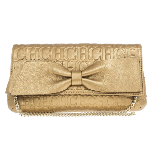 Pre Owned Carolina Herrera Gold Monogram Embossed Bow Bag