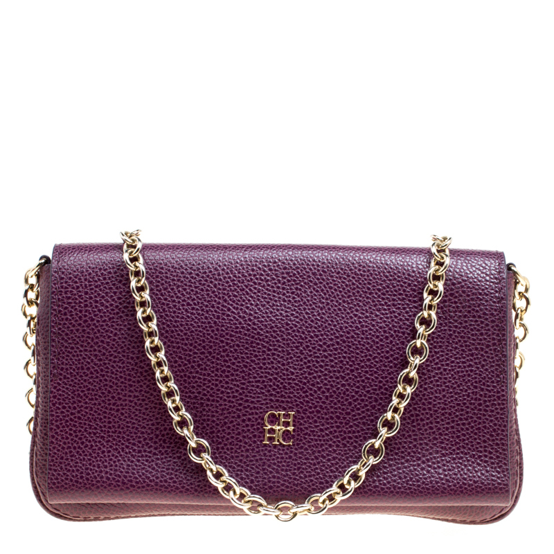 Pre Owned Carolina Herrera Purple Leather Chain Clutch