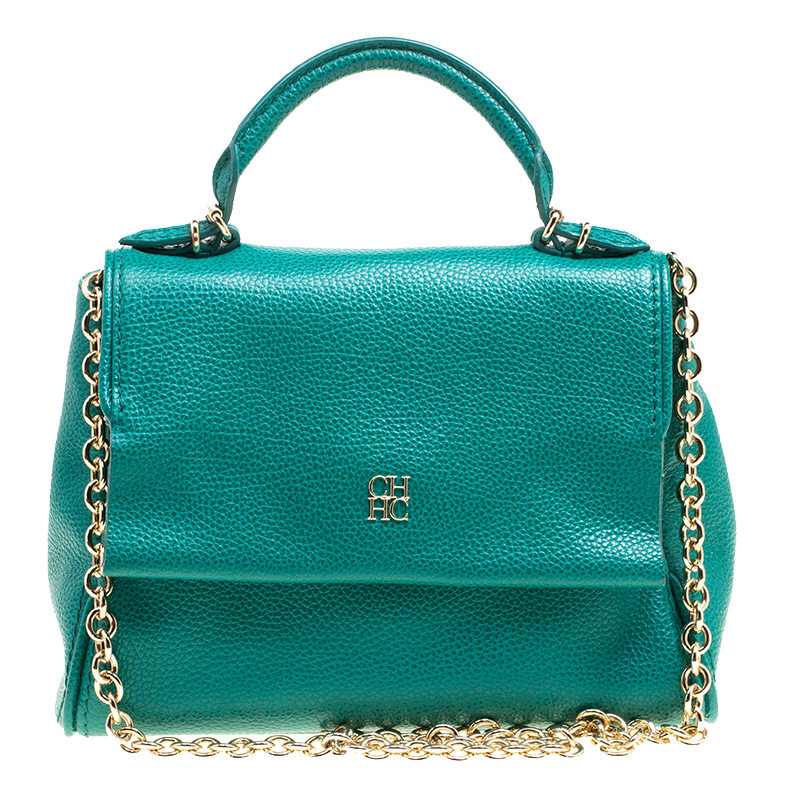 Pre Owned Carolina Herrera Green Leather Top Handle Shoulder Bag