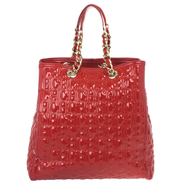 Pre Owned Carolina Herrera Red Patent Leather Bernardine Tote