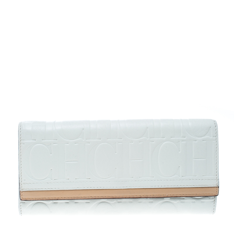 Pre Owned Carolina Herrera White/Beige Monogram Leather Continental Wallet