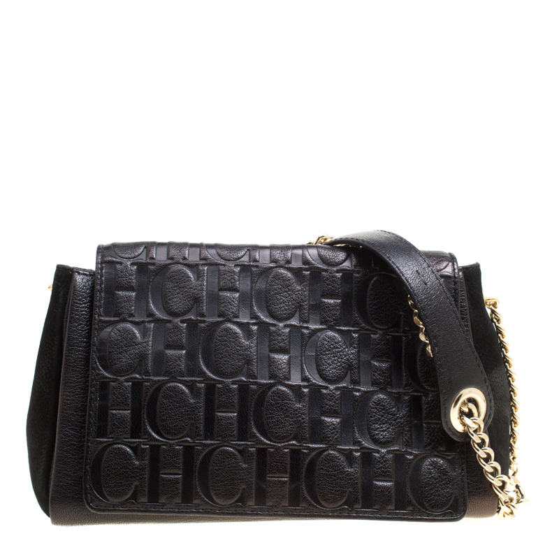 Pre Owned Carolina Herrera Black Nubuck and Monogram Leather Shoulder Bag