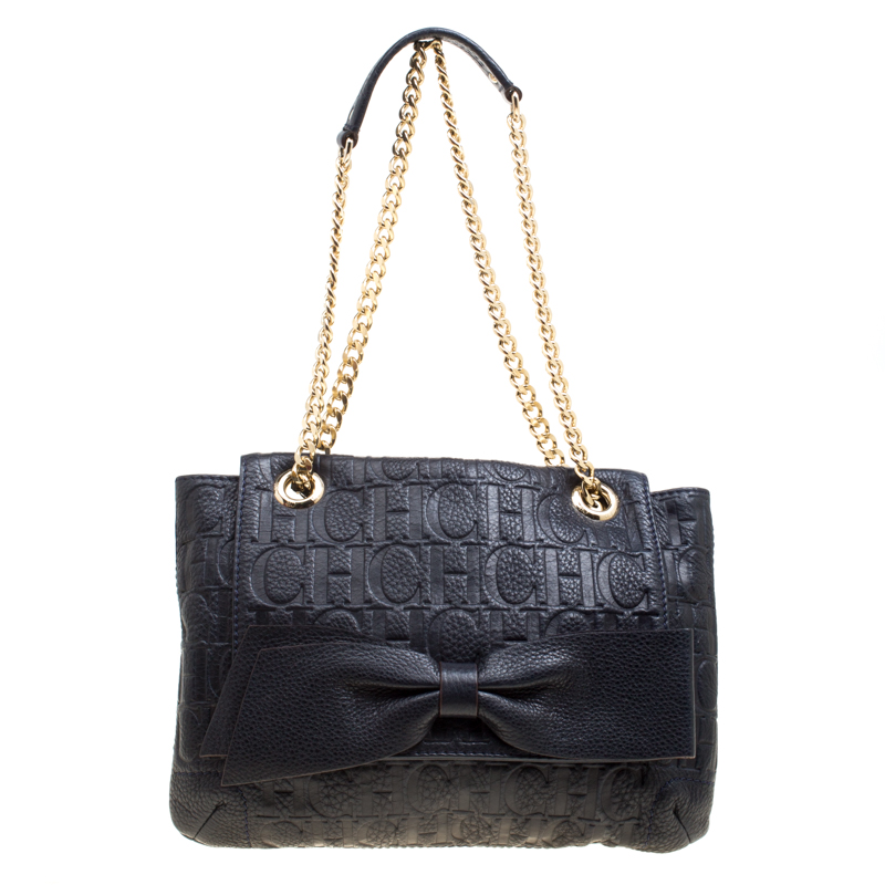 Pre Owned Carolina Herrera Dark Blue Monogram Leather Audrey Shoulder Bag