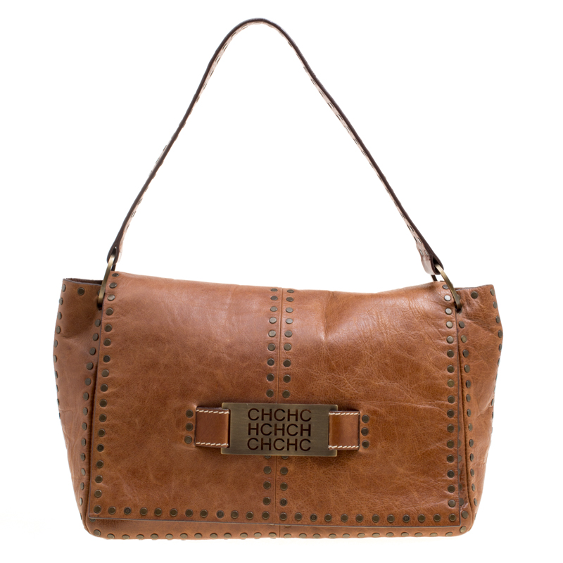 Pre Owned Carolina Herrera Brown Leather Studded Shoulder Bag