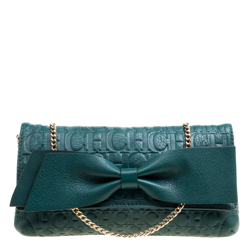 Pre Owned Carolina Herrera Green Monogram Leather Bow Clutch