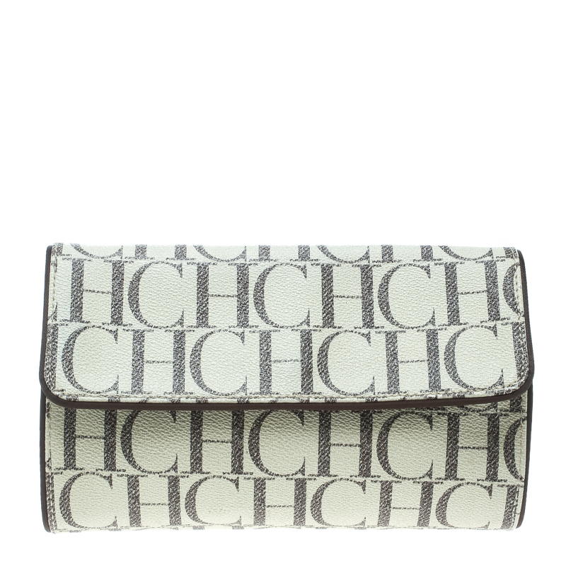 Pre Owned Carolina Herrera Off White Monogram Coated Canvas Clutch