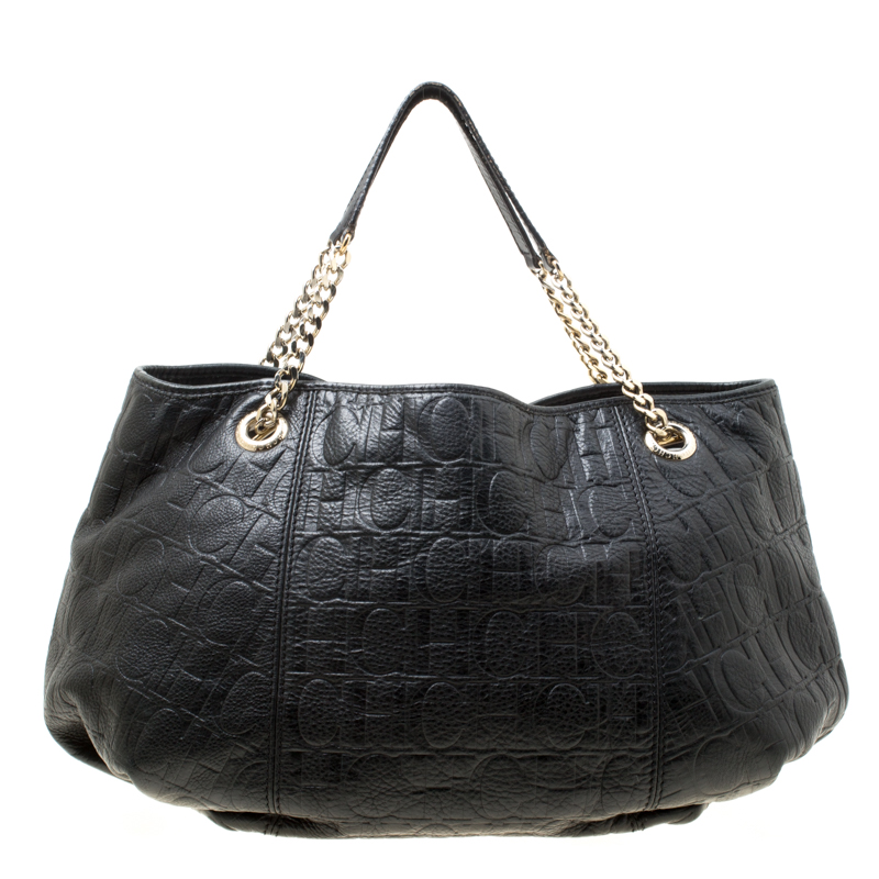 Pre Owned حقيبة يد كارولينا هيريرا بوبي جلد  مونوغرامية سوداء