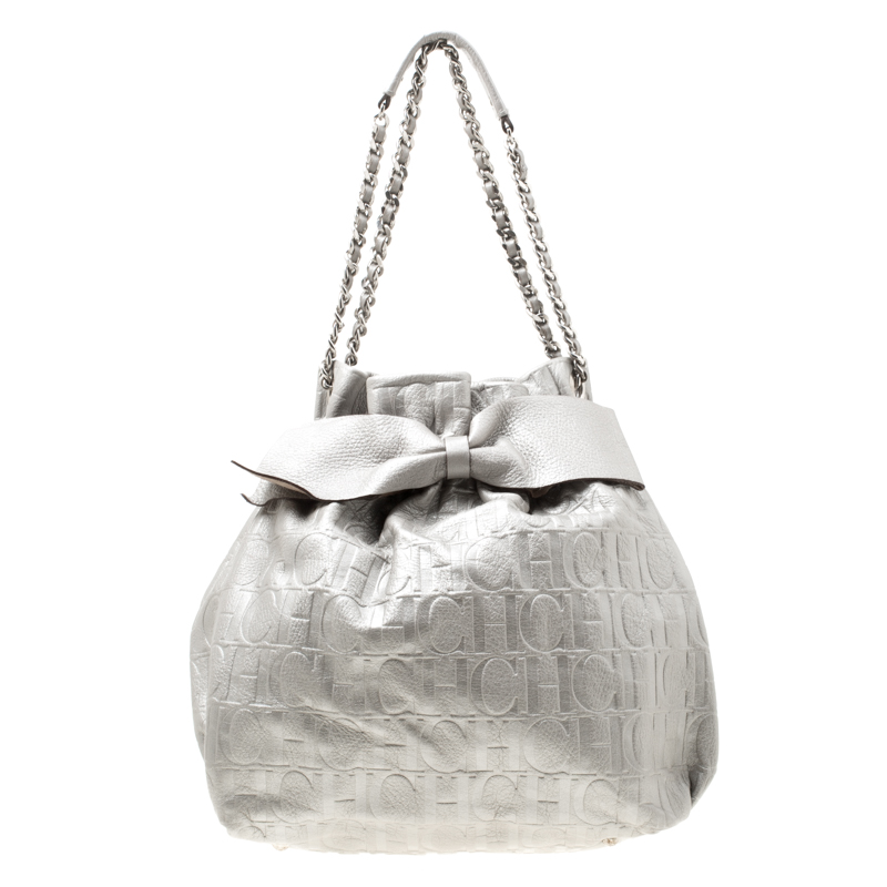 Pre Owned Carolina Herrera Silver Monogram Leather Bow Bucket Hobo