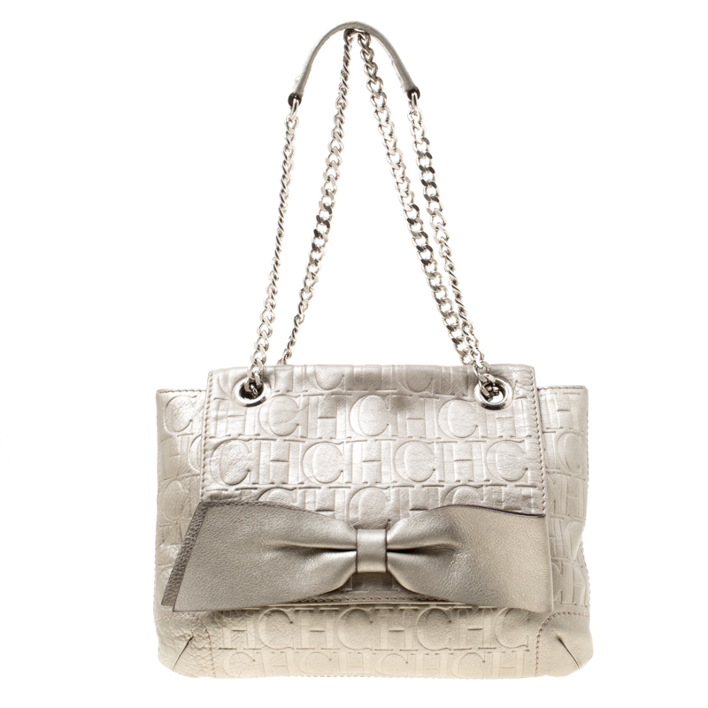 Pre Owned Carolina Herrera Grey Monogram Leather Audrey Shoulder Bag