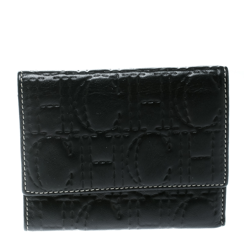 Carolina Herrera Black Monogram Leather Tri Fold Compact Wallet