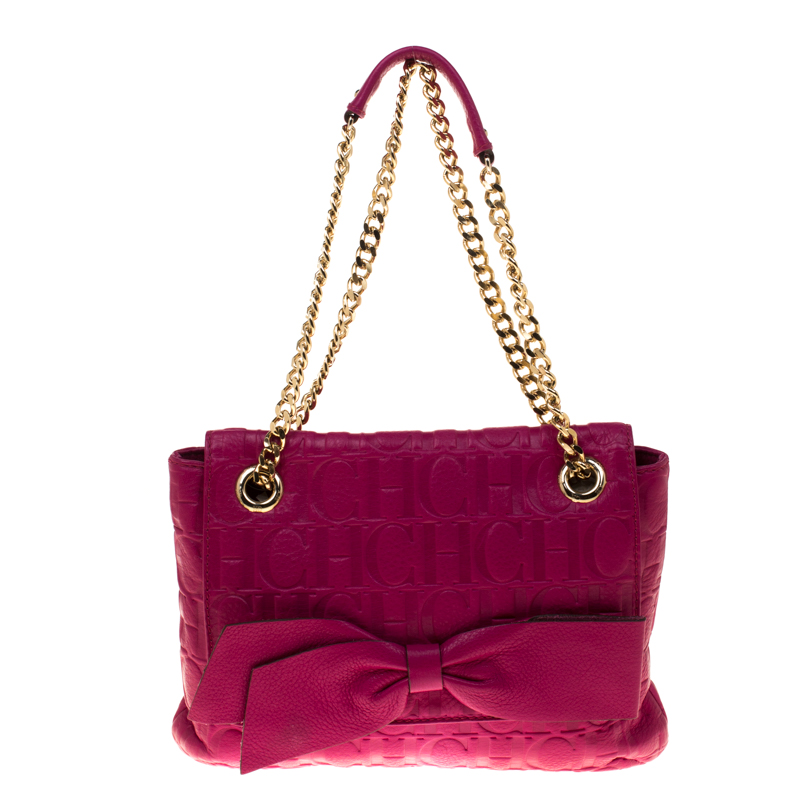 Carolina Herrera Hot Pink Monogram Leather Audrey Shoulder Bag