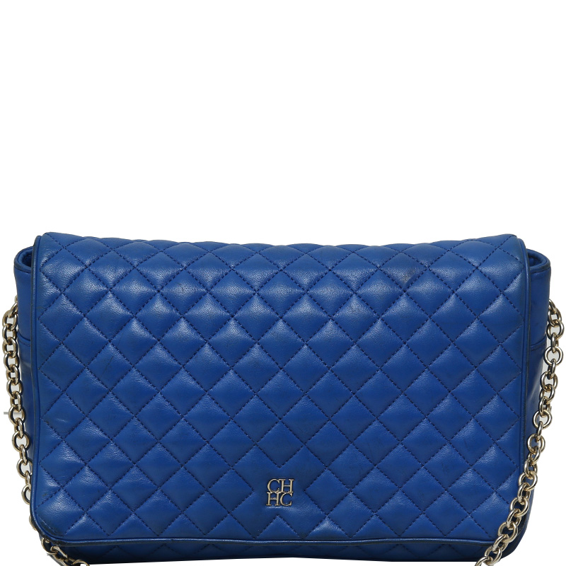 Pre Owned Carolina Herrera Blue Quilted Leather Chain Shoulder Bag