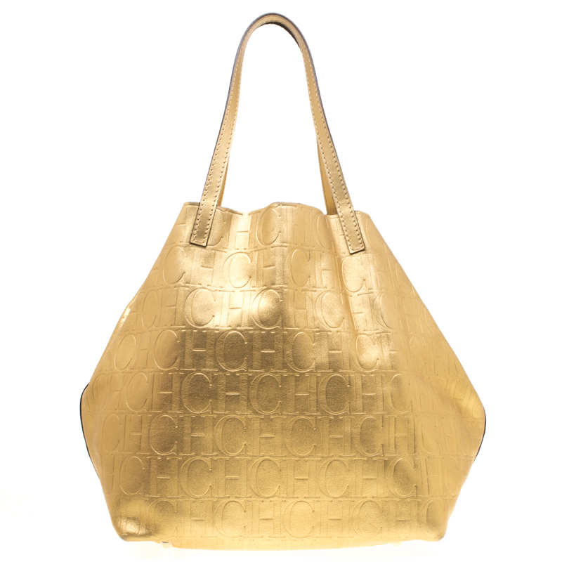 Pre Owned Carolina Herrera Gold Monogram Leather Matryoshka Tote