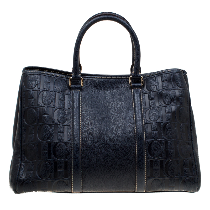 Pre Owned Carolina Herrera Navy Blue Leather Matteo Tote