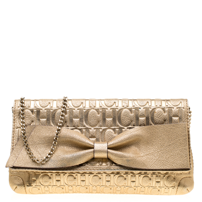 Pre Owned Carolina Herrera Gold Monogram Leather Bow Bag