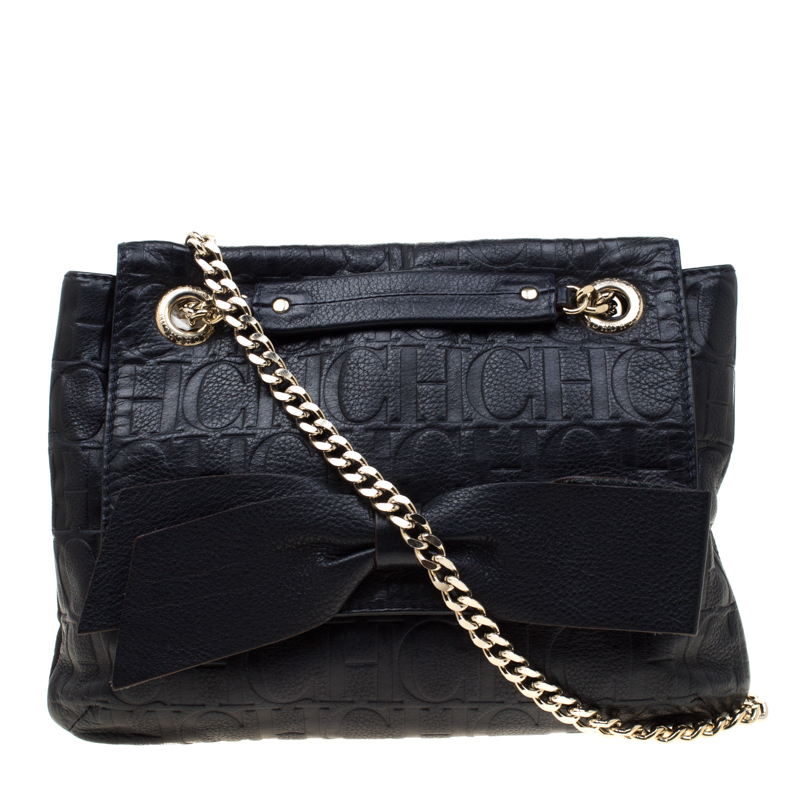 Pre Owned Carolina Herrera Deep Navy Blue Monogram Leather Audrey Shoulder Bag