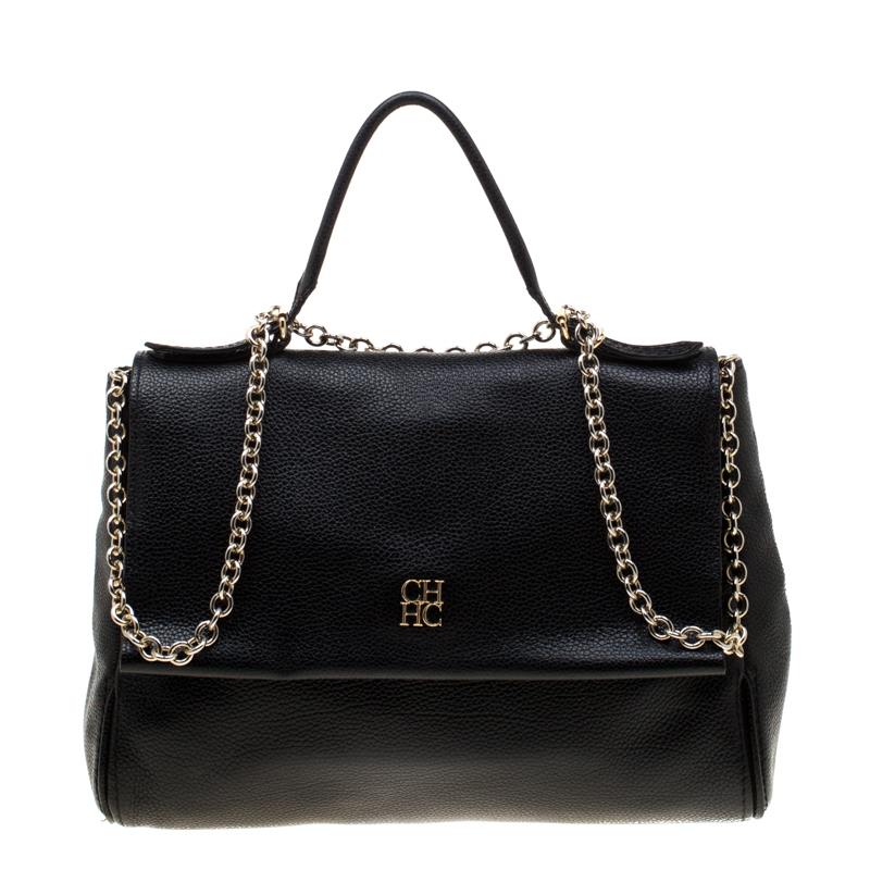 Carolina Herrera Black Leather Minuetto Flap Top Handle Bag