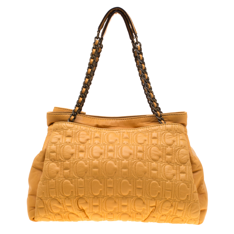 Pre Owned Carolina Herrera Yellow Monogram Leather Chain Tote
