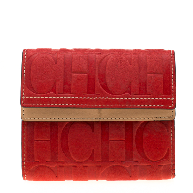 Pre Owned Carolina Herrera Red Monogram Leather Wallet