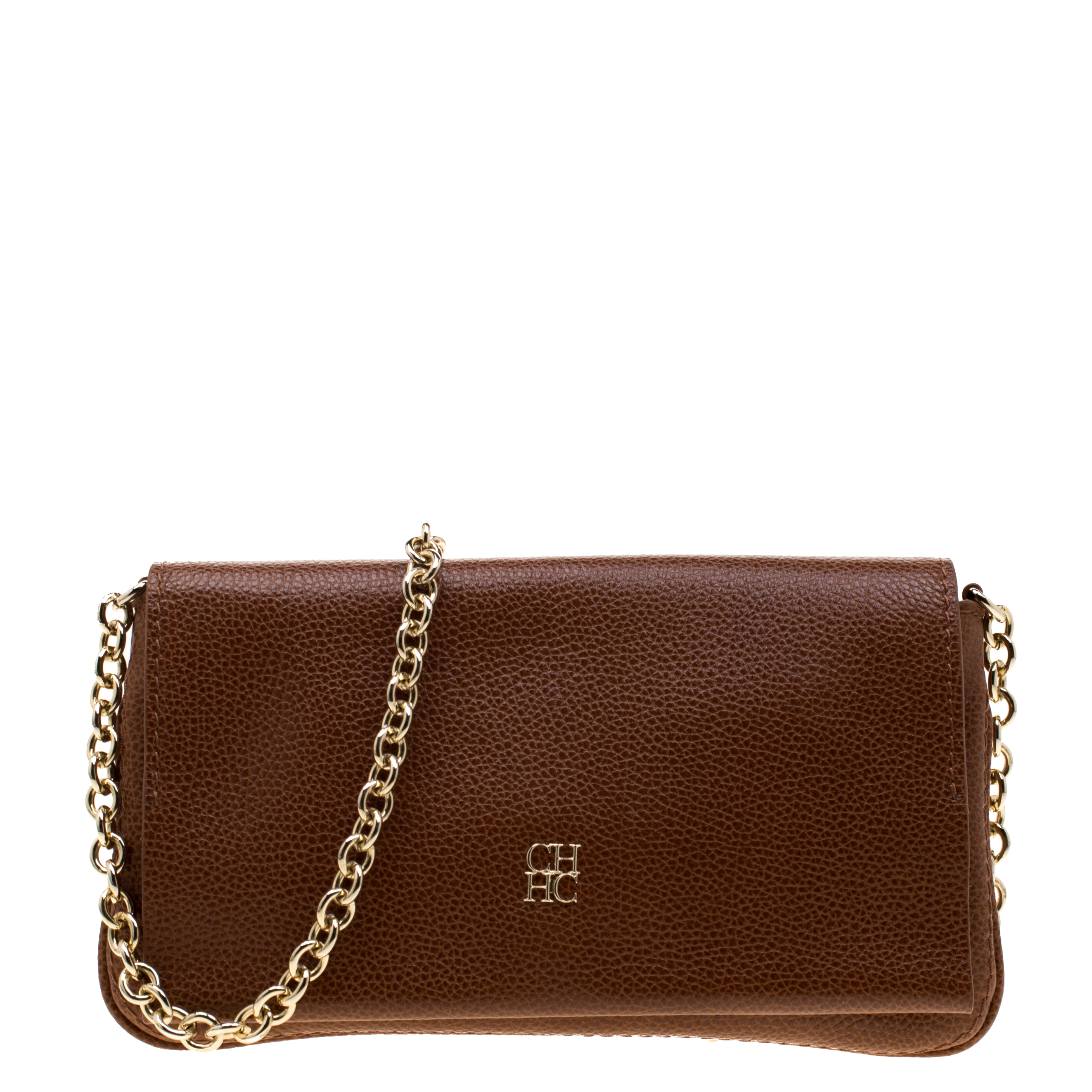 Pre Owned Carolina Herrera Tan Leather Chain Flap Shoulder Bag