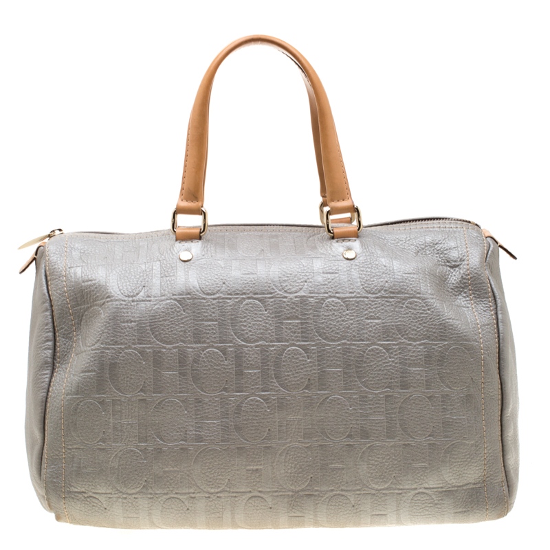 Carolina Herrera Metallic Grey Leather Large Andy Boston Bag
