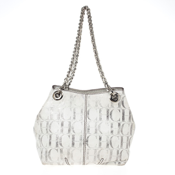 Pre Owned Carolina Herrera White Monogram Chain Handle Tote