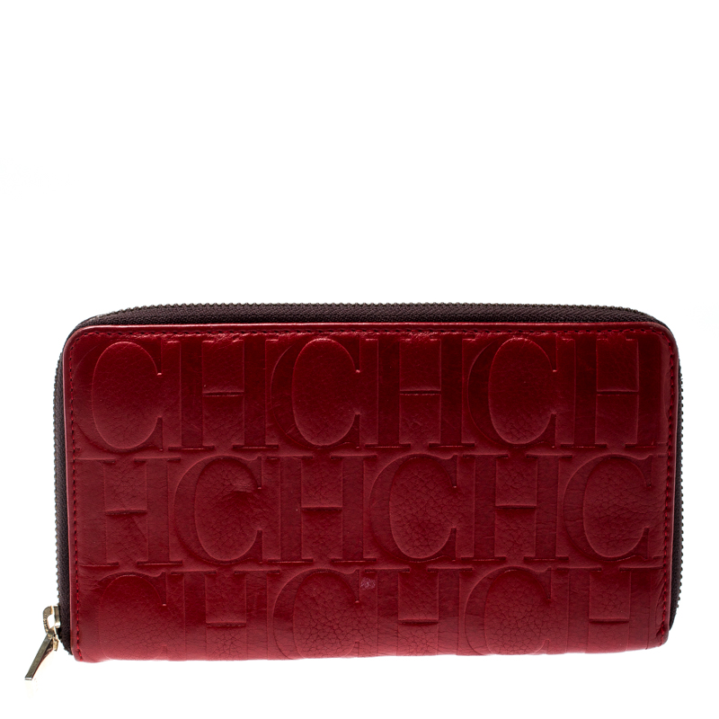 Pre Owned Carolina Herrera Red Monogram Leather Zip Around Wallet