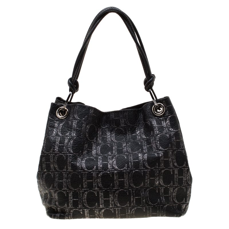 Pre Owned Carolina Herrera Black Monogram Leather Hobo