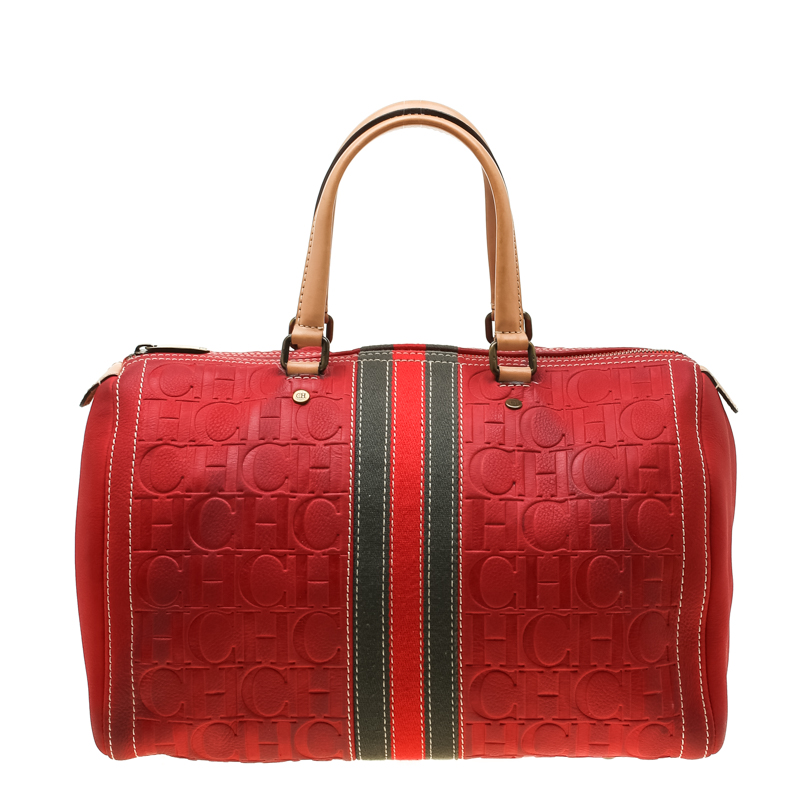 Carolina Herrera Red Leather and Stripe Fabric Large Andy Boston Bag