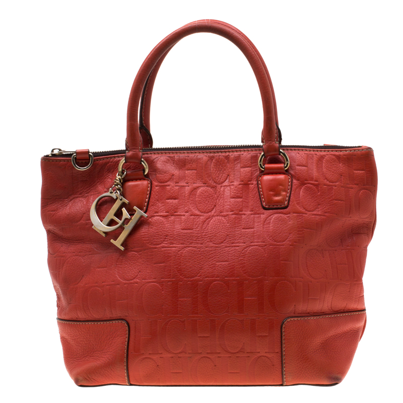 Pre Owned Carolina Herrera Orange Monogram Embossed Leather Tote