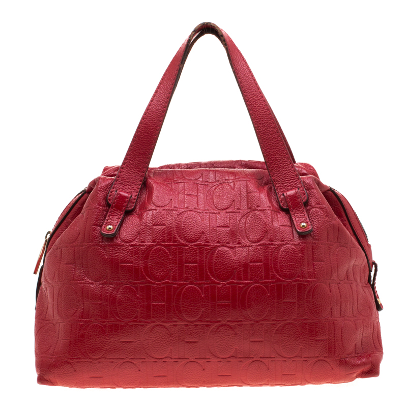 Pre Owned Carolina Herrera Red Monogram Leather Satchel