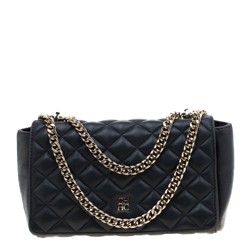 Pre Owned Carolina Herrera Navy Blue Quilted Leather Chain Shoulder Bag