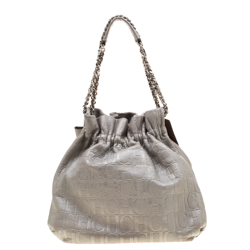 Carolina Herrera Silver Monogram Embossed Leather Bow Bucket Shoulder ...