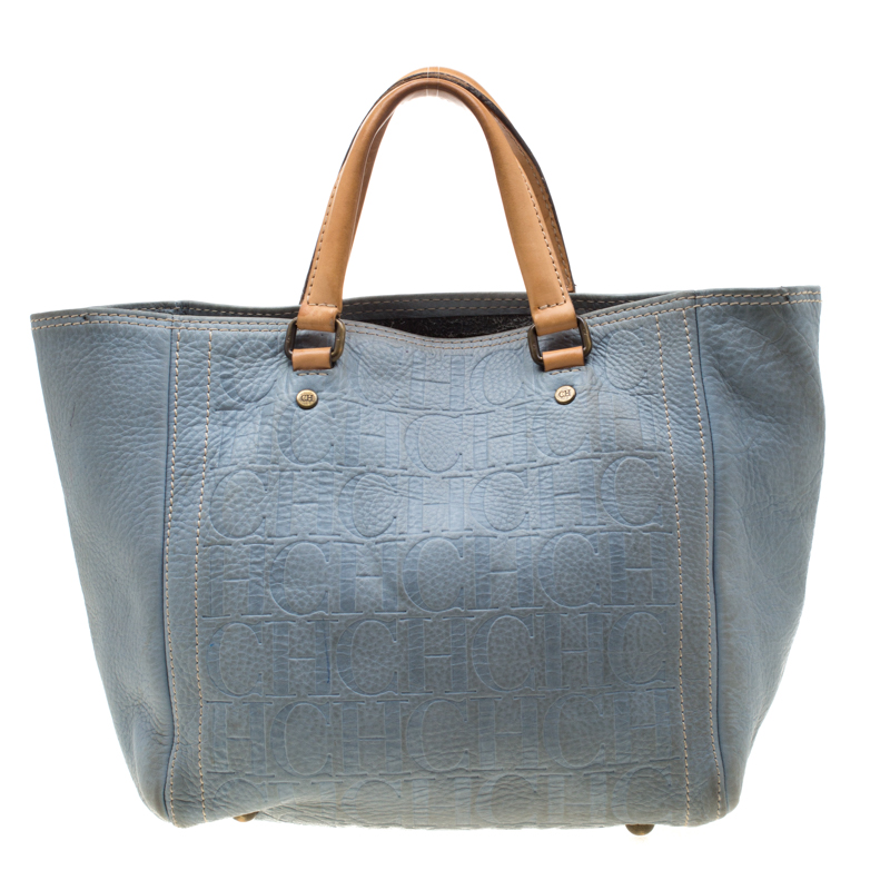 Carolina Herrera Light Blue Monogram Leather Andy Tote