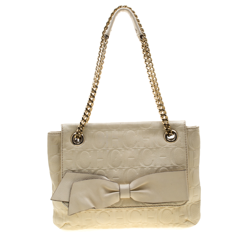 Carolina Herrera Cream Monogram Leather Audrey Shoulder Bag