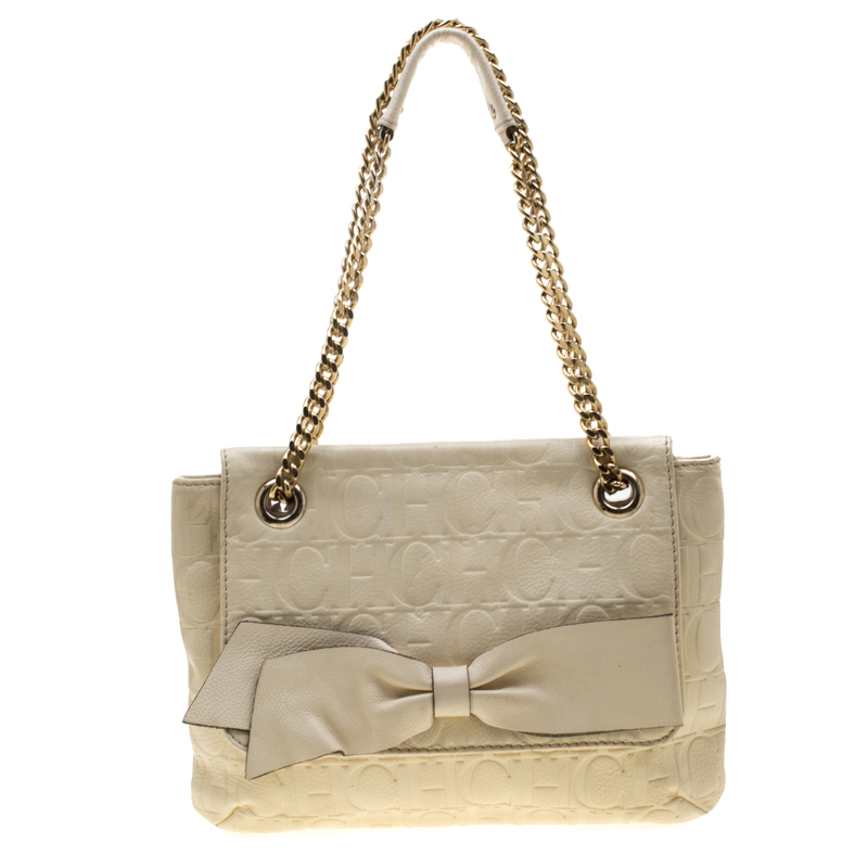 Pre Owned Carolina Herrera Cream Monogram Leather Audrey Shoulder Bag
