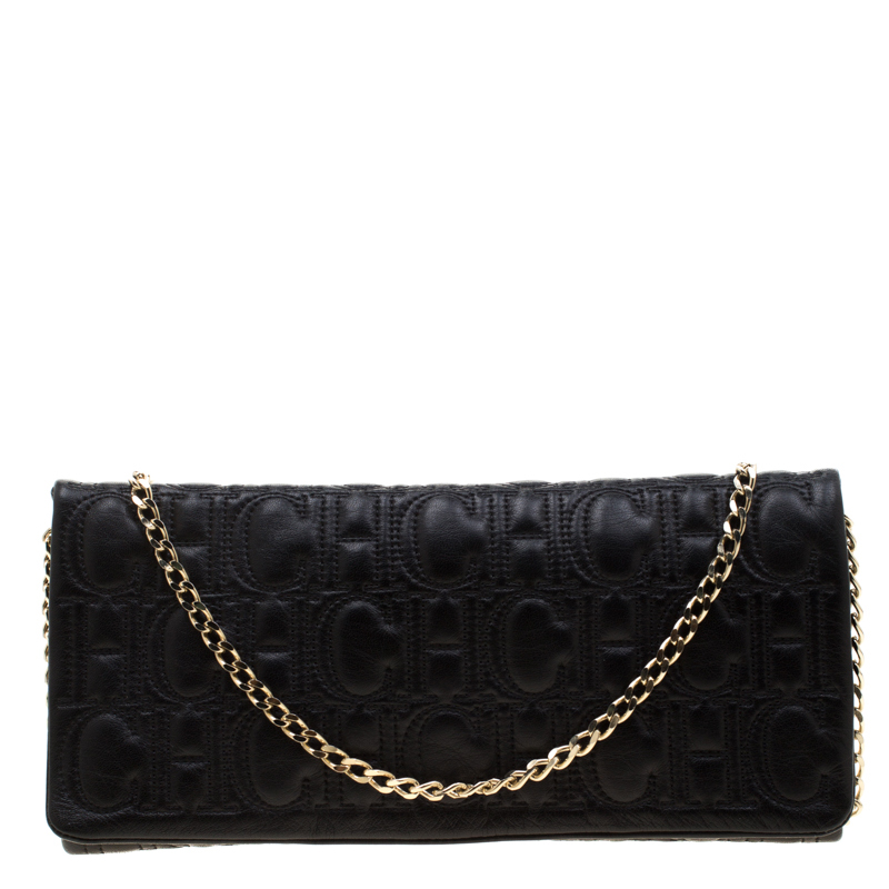 Pre Owned Carolina Herrera Black Monogram Leather Jerry Chain Clutch 