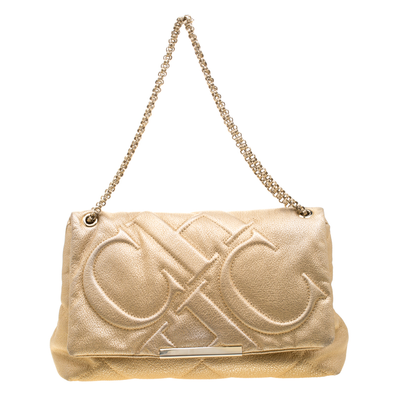 Pre Owned Carolina Herrera Gold Mettalic Quilted Leather Flap Chain Shoulder Bag