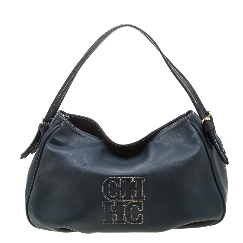 Pre Owned Carolina Herrera Dark Green Leather CH Logo Tote 