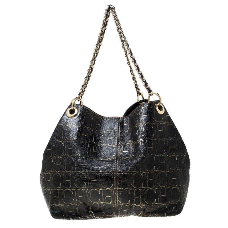 Carolina Herrera Black Monogram Leather Chain Shoulder Bag Carolina ...