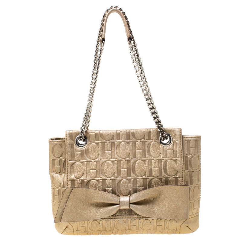 Pre Owned Carolina Herrera Metallic Gold Monogram Leather Audrey Shoulder Bag