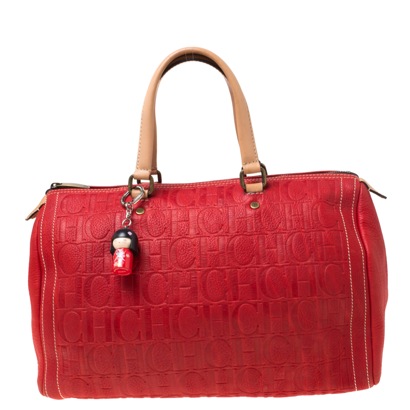 Pre Owned Carolina Herrera Red Leather Large Andy Boston Bag