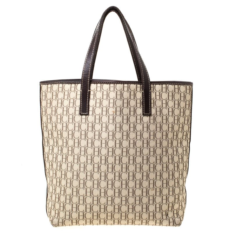 Pre Owned Carolina Herrera Beige/Brown Monogram Canvas Shopper Tote