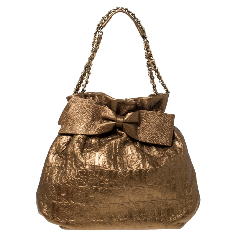 Pre Owned Carolina Herrera Gold Embossed Leather Bow Bucket Shoulder Bag