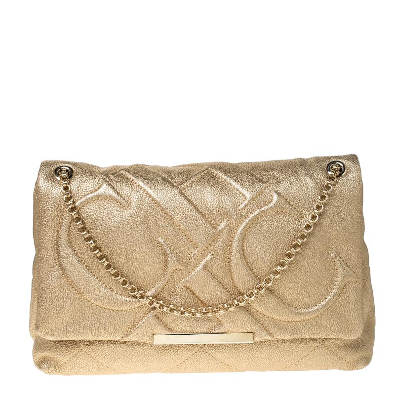 Carolina Herrera Gold Quilted Leather Flap Chain Shoulder Bag