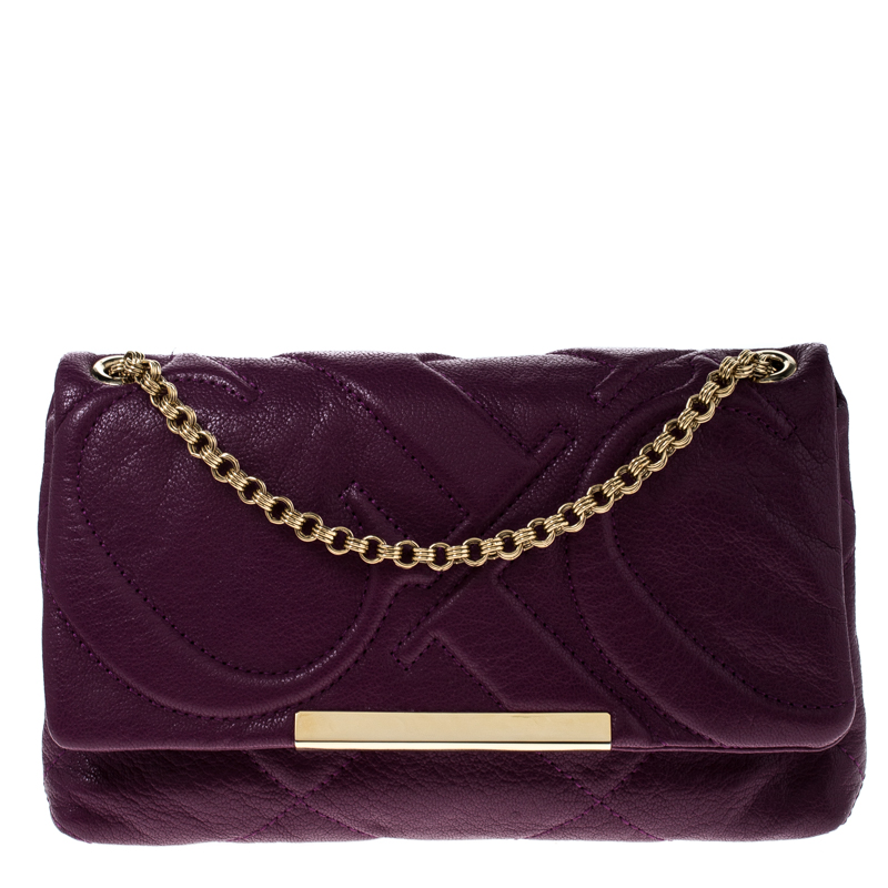 Pre Owned Carolina Herrera Purple Quilted Leather Flap Chain Shoulder Bag