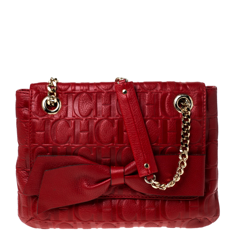 Pre Owned Carolina Herrera Red Monogram Leather Audrey Shoulder Bag