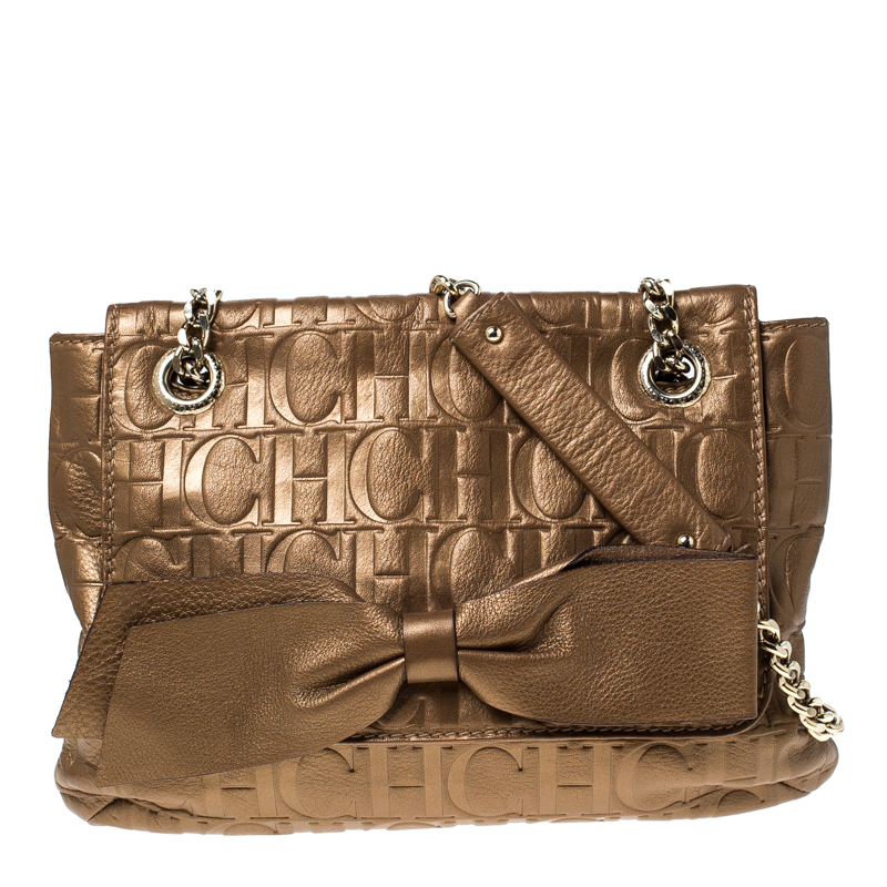 Pre Owned Carolina Herrera Bronze Monogram Leather Audrey Shoulder Bag