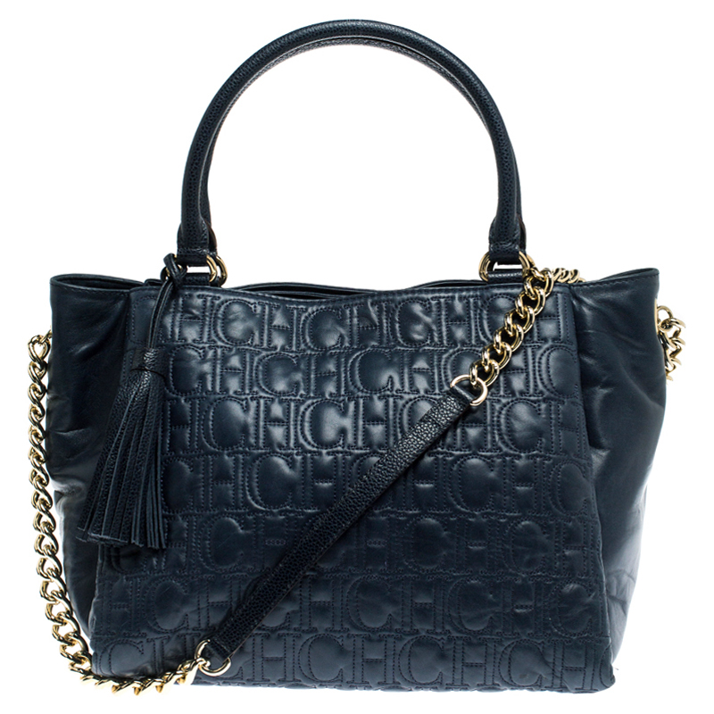 Carolina Herrera Navy Blue Monogram Leather Tote
